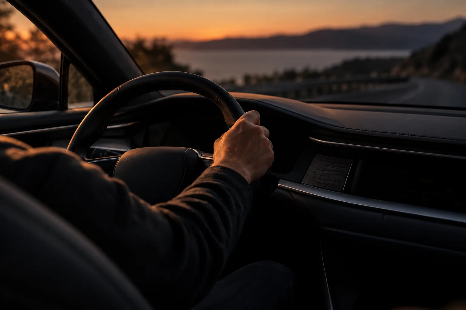Illustrative view of a driver at the wheel at sunset.