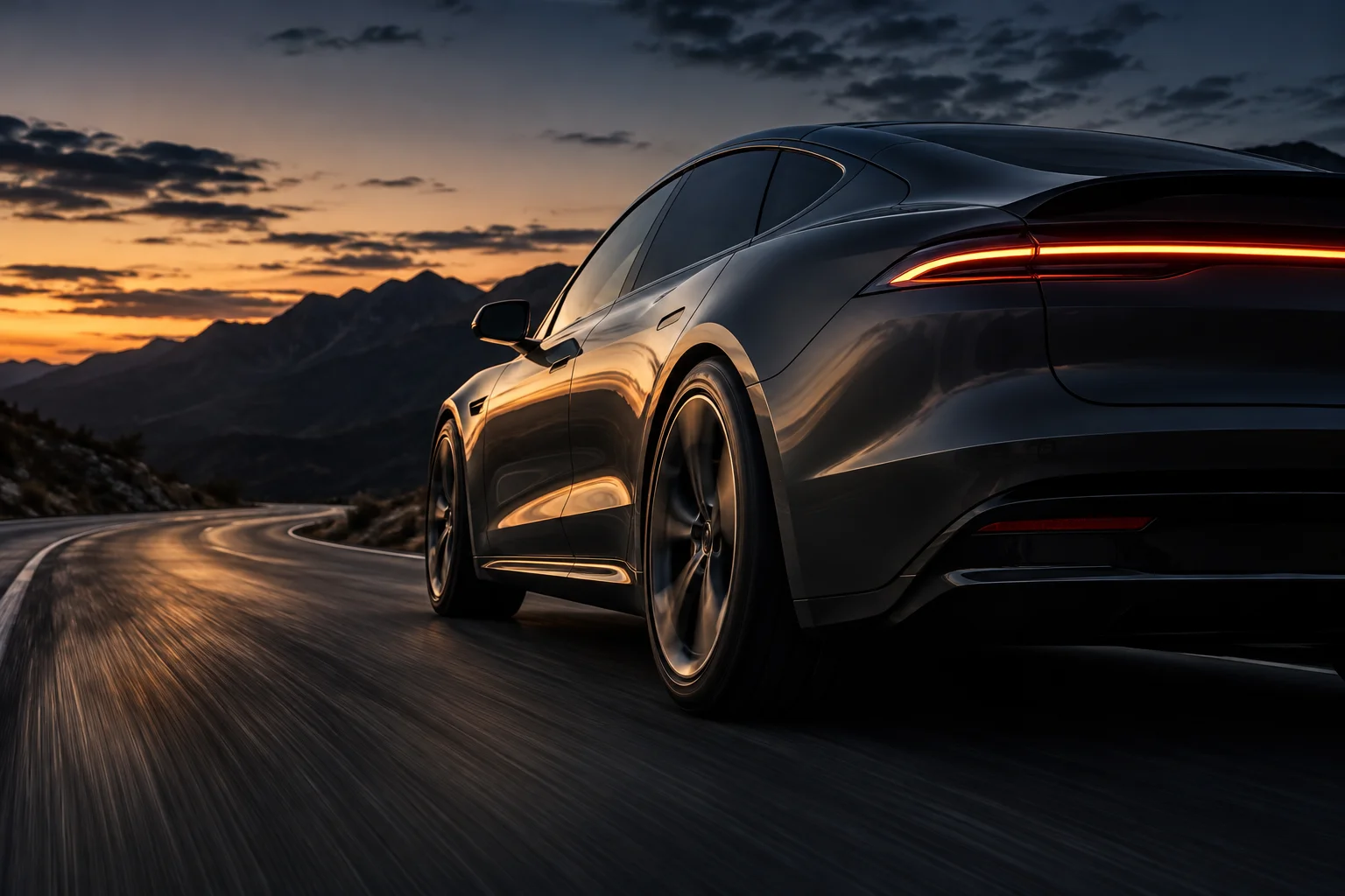 Illustrative graphite electric car on a winding road at dusk.