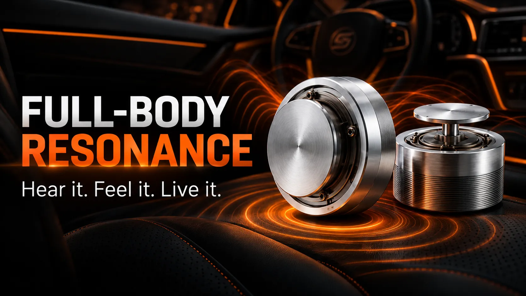 Soul Whine full-body resonance transducers shown inside a vehicle cabin